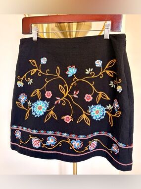 LOFT Black Mini Skirt with Colorful Floral Embroidery